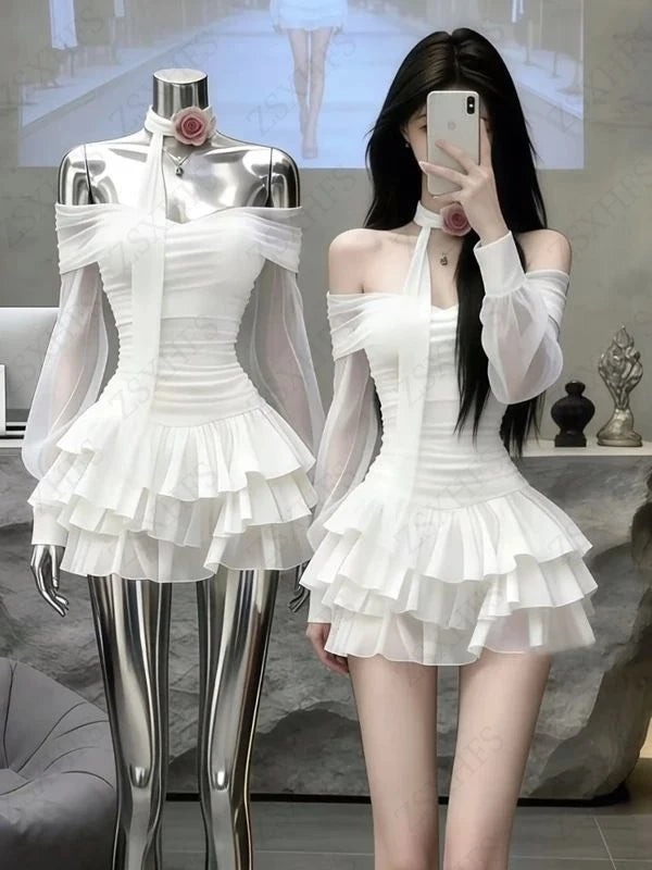 Blanka Sheer Long-Sleeve Tiered Ruffle Mini Dress