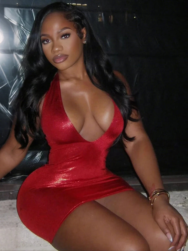 Dahlia Red Deep-V Backless Bodycon Mini Dress
