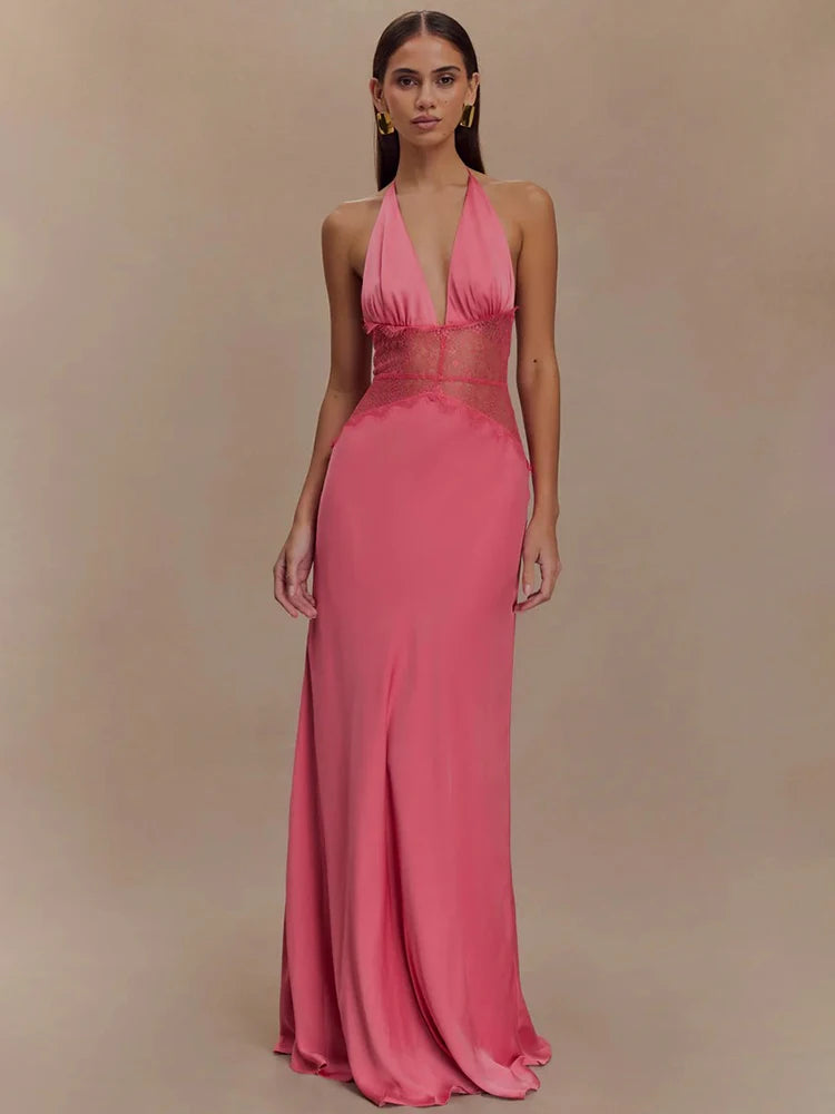 Calanthe Lace Halter Deep-V Maxi Dress