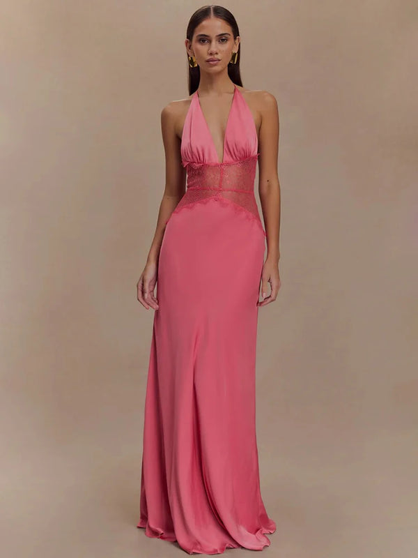 Calanthe Lace Halter Deep-V Maxi Dress