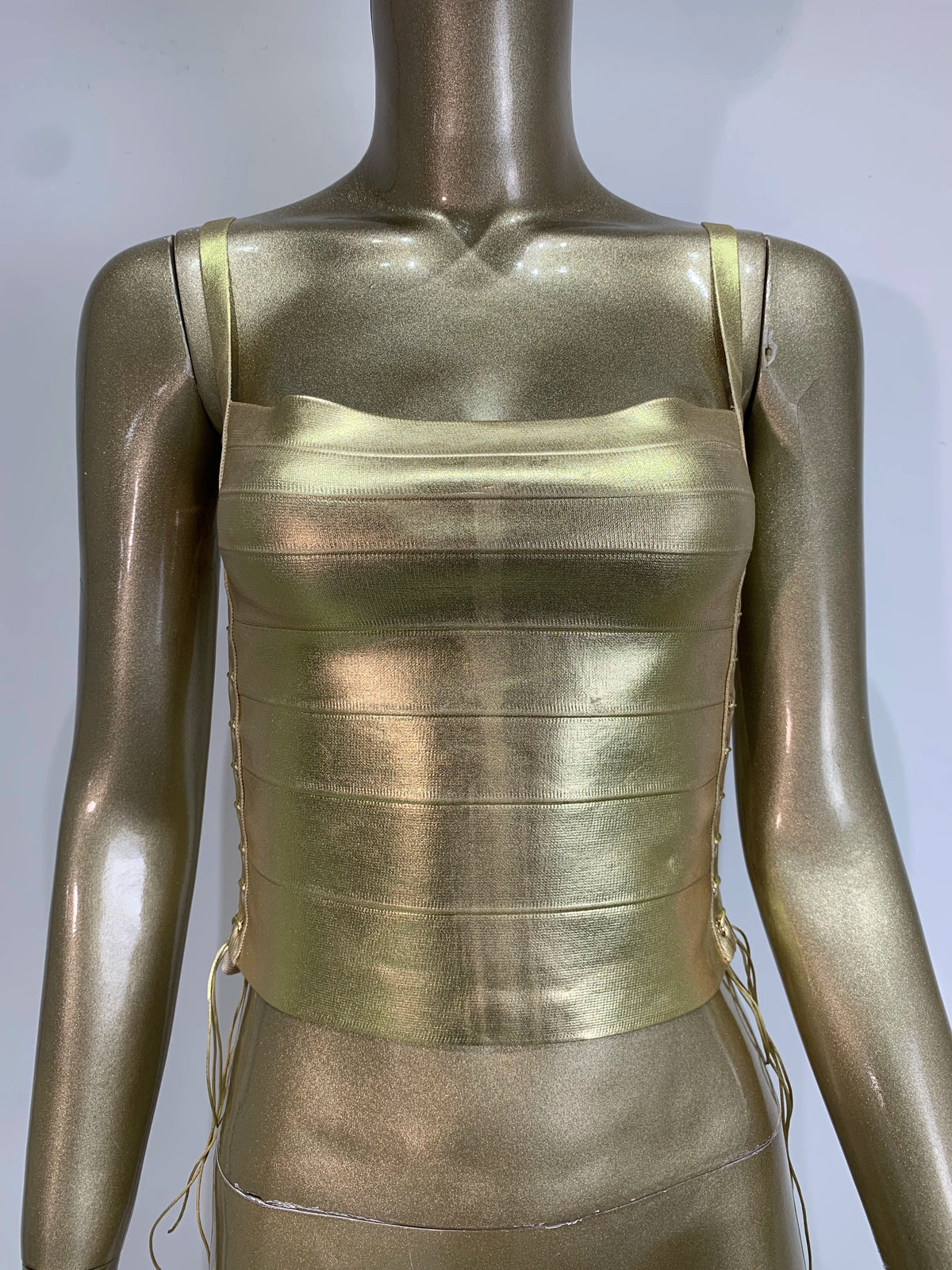 Women Summer Sexy Lacing Bronzing Gold Silver Bodycon Bandage Tops Celebrity Designer Fashion High Street Top