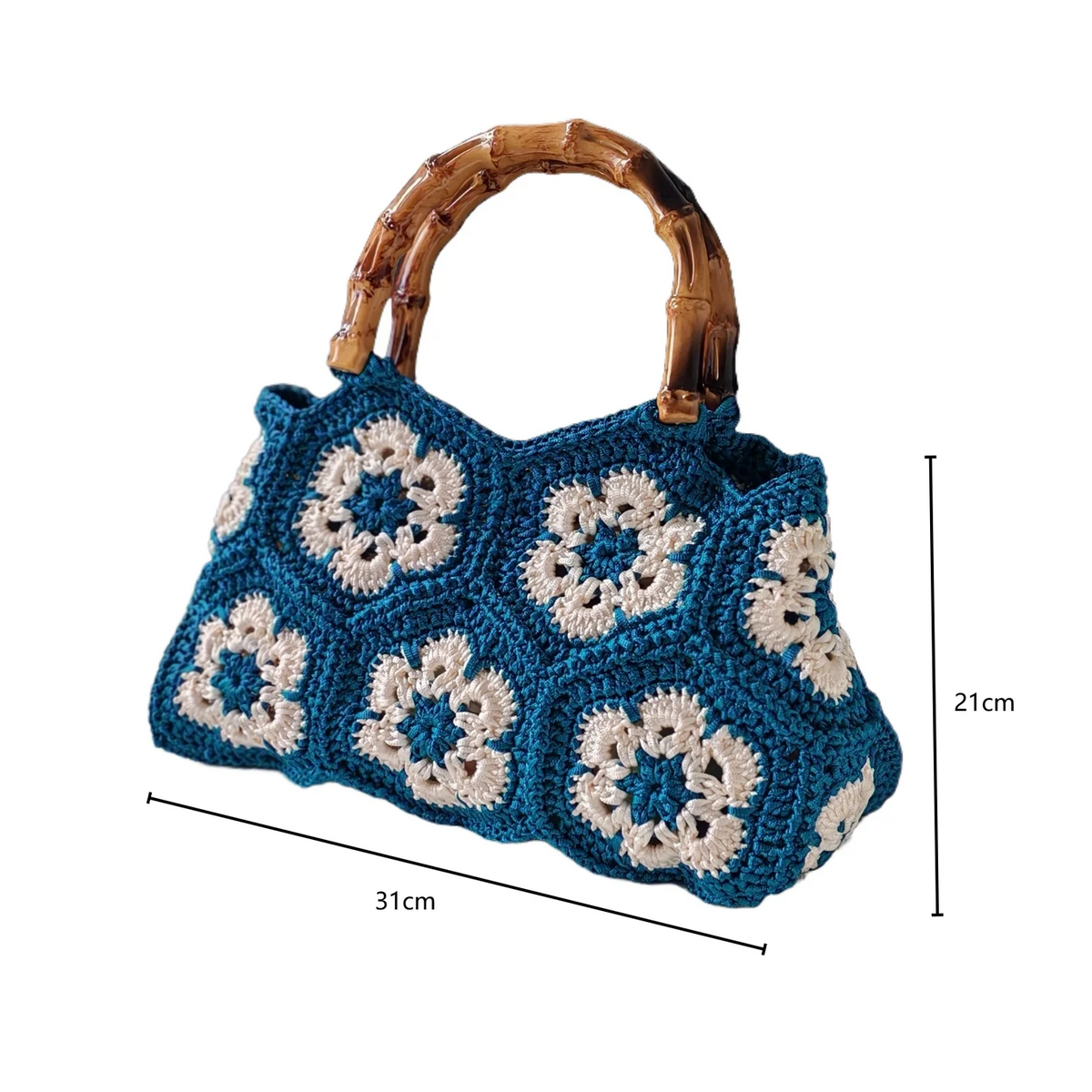 Wilhelmina Handmade Crochet Granny Square Tote Bag with Bamboo Handle