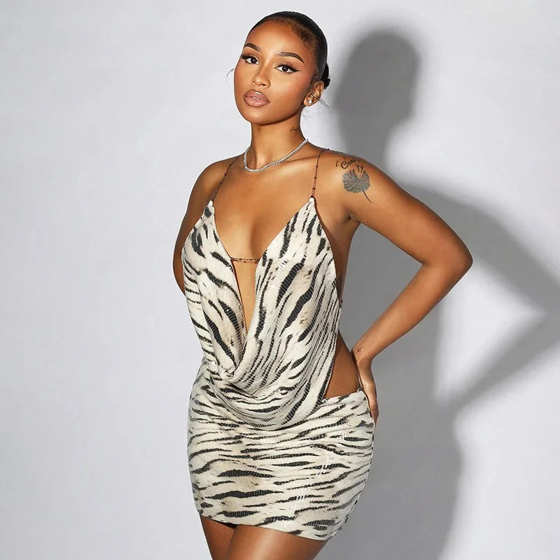 Zahara Zebra-Sequin Backless Mini Skirt Set Two-piece