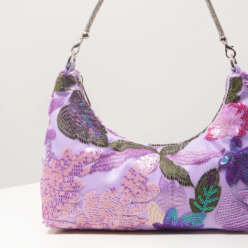 Florentina Floral Sequin Embroidered Half-Moon Shoulder Bag