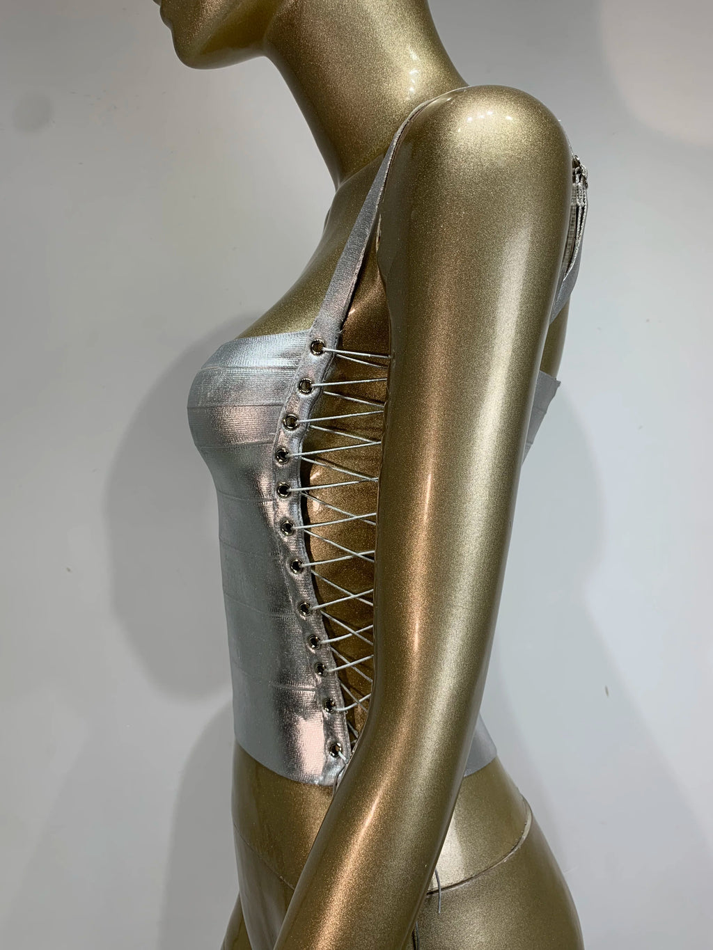 Women Summer Sexy Lacing Bronzing Gold Silver Bodycon Bandage Tops Celebrity Designer Fashion High Street Top