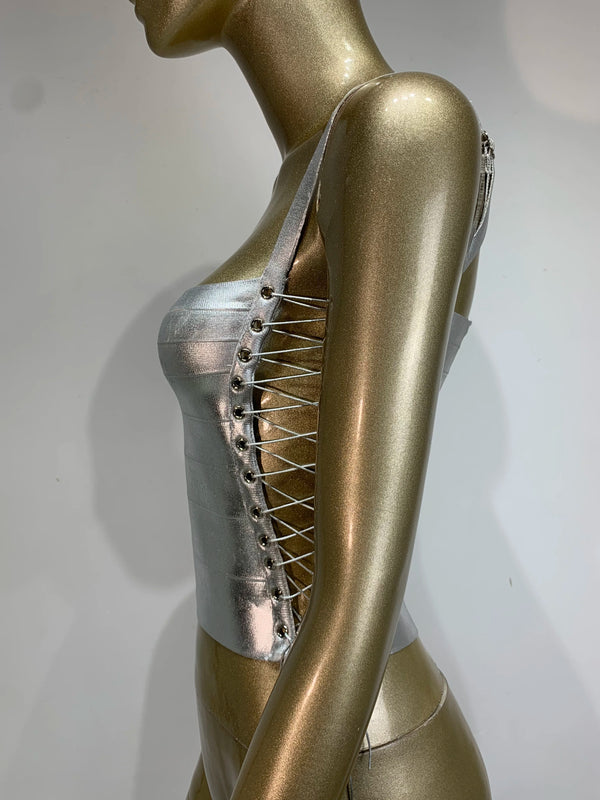 Women Summer Sexy Lacing Bronzing Gold Silver Bodycon Bandage Tops Celebrity Designer Fashion High Street Top