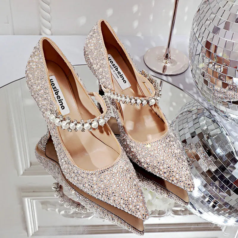 Hot Rhinestone Pointed High Heels New Single Shoes Women's Pumps Bridesmaid Rhinestone Crystal Pearl Retro Wedding Shoes