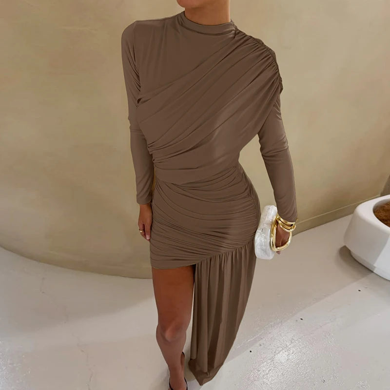 Kaia Ruched Turtleneck Long-Sleeve Mini Dress