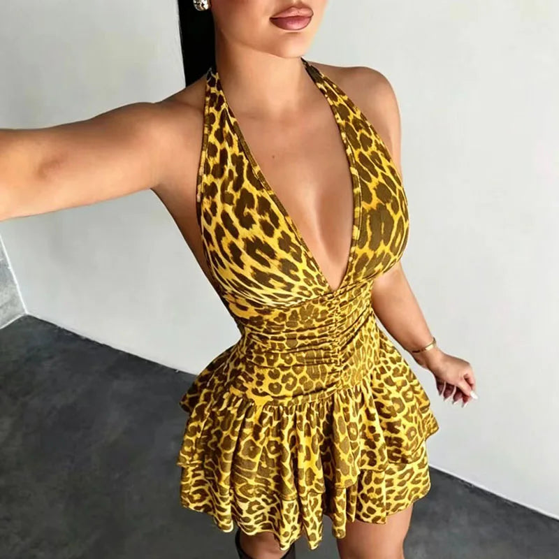 Yesenia Leopard Halter Plunge Ruffle Mini Dress Secondary image