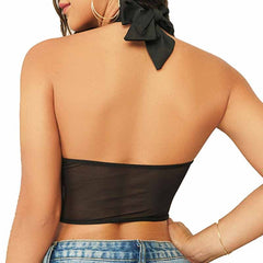 Sexy Cross Halter Corset Bustier Mesh Bone Tank Tops Women Tie Up Wrap Tube Tops Backless Slim Fit Cut Out Front Tops