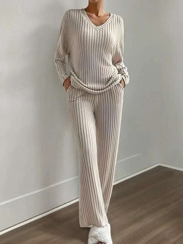 Cordula Ribbed Knit V-Neck Sweater & Wide-Leg Trousers Two-piece