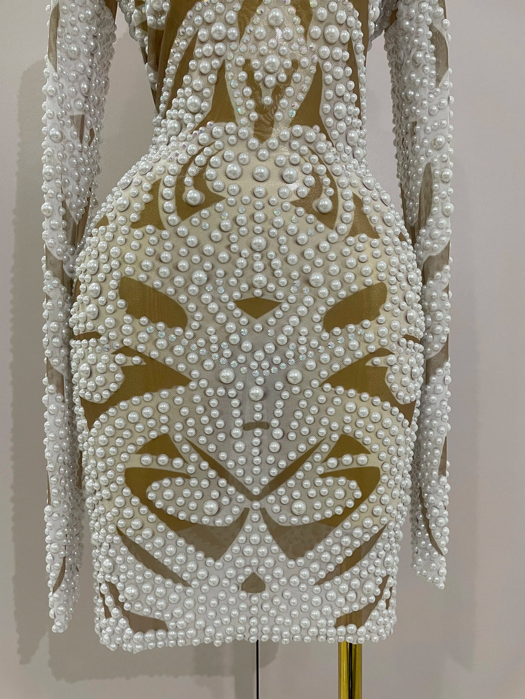 Alessia Pearl Rhinestone Mesh Long-Sleeve Mini Dress