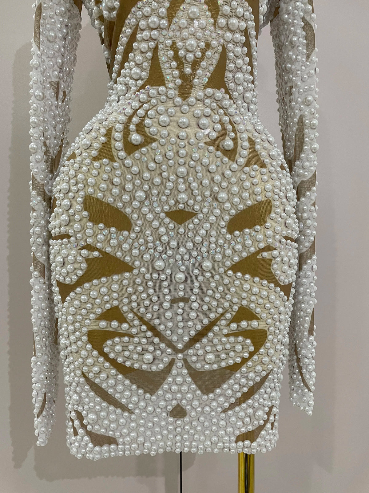 Alessia Pearl Rhinestone Mesh Long-Sleeve Mini Dress