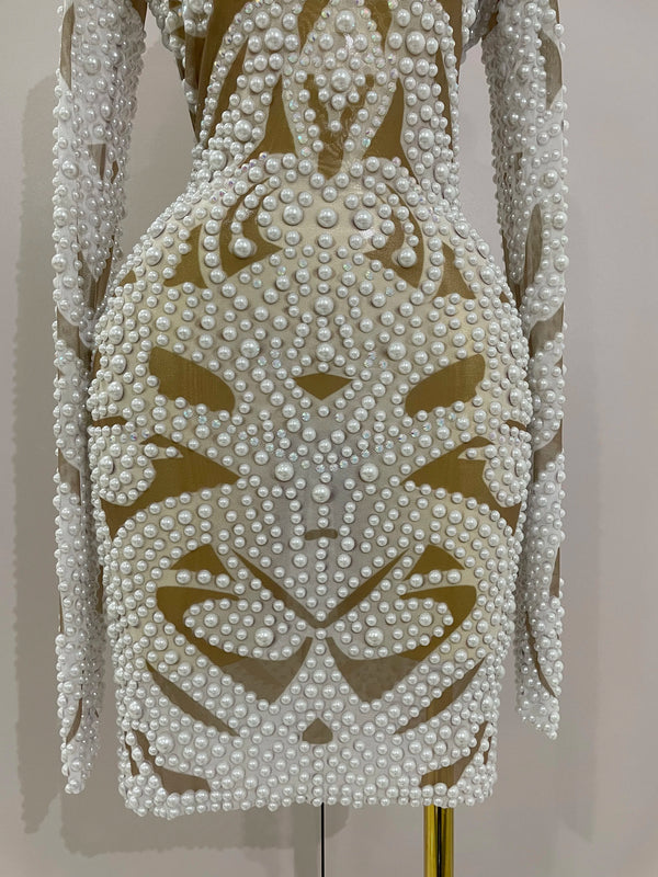Alessia Pearl Rhinestone Mesh Long-Sleeve Mini Dress