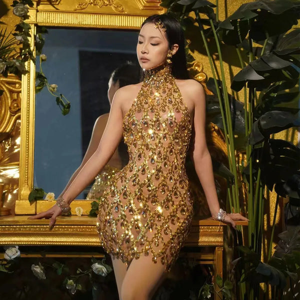 Selena Crystal Sheer Bodycon Halter Mini Dress
