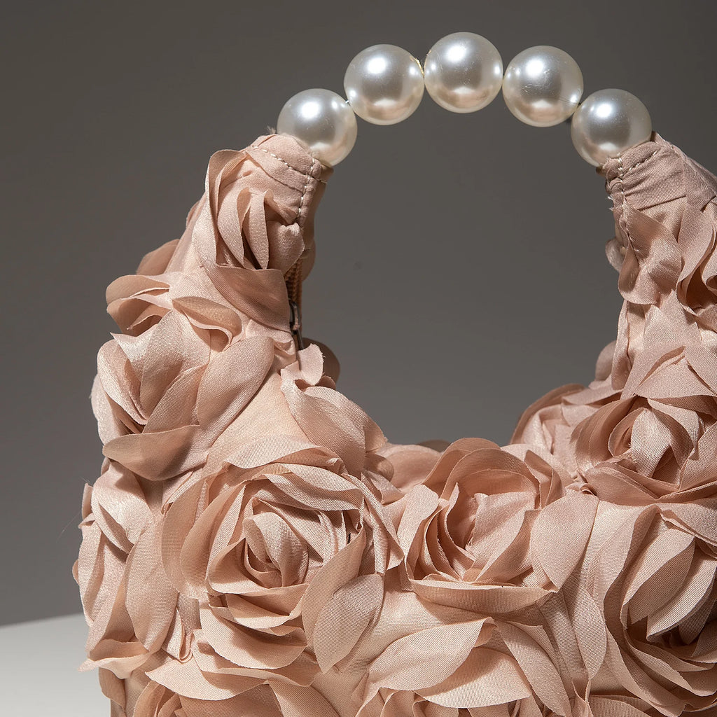 Rosalind Satin Rosette Pearl-Handle Half-Moon Evening Bag
