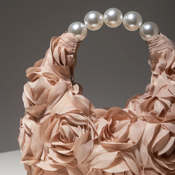 Rosalind Satin Rosette Pearl-Handle Half-Moon Evening Bag
