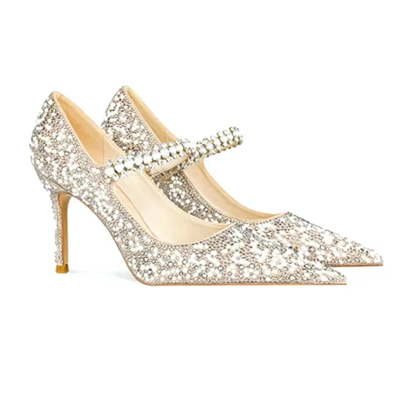 Crystal Women Wedding Pumps One Strap Pointed Toe Famous Shoes Ladies Elegant Spring Summer Stiletto Heels Pumps Bride Balanced