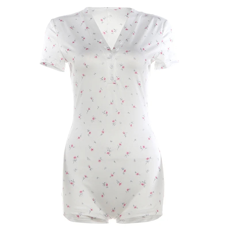 Kliou Casual Fashion Playsuits Woman Floral Print Button V-Neck Short Sleeve Skinny Stretch Summer Street Elegant Style Rompers