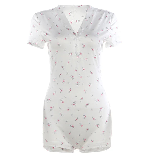 Kliou Casual Fashion Playsuits Woman Floral Print Button V-Neck Short Sleeve Skinny Stretch Summer Street Elegant Style Rompers