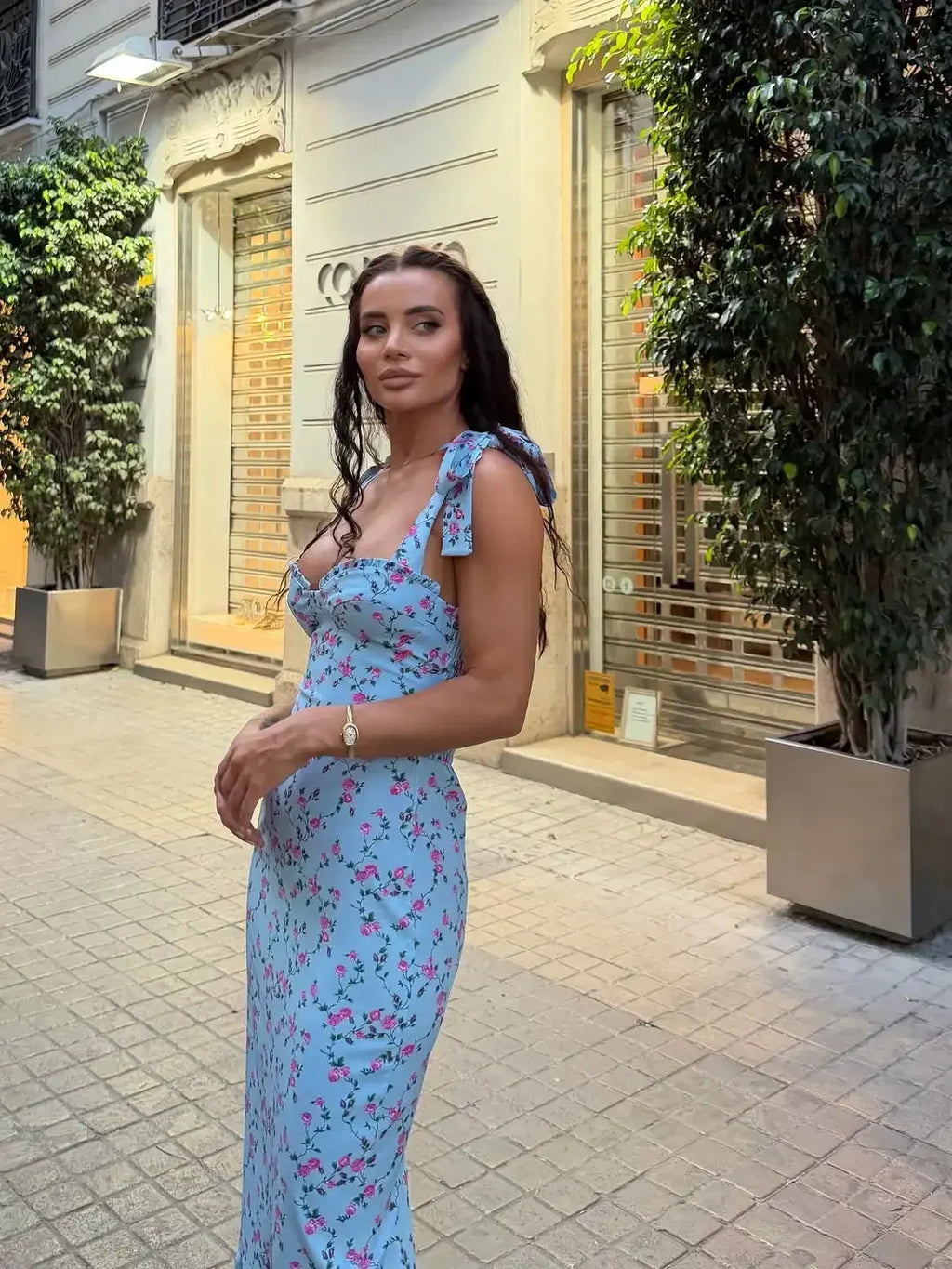 Delphine Floral Tie-Strap Bodycon Midi Dress