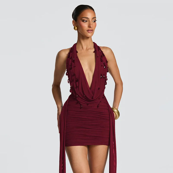 Roxana Beaded Deep-V Halter Mini Dress