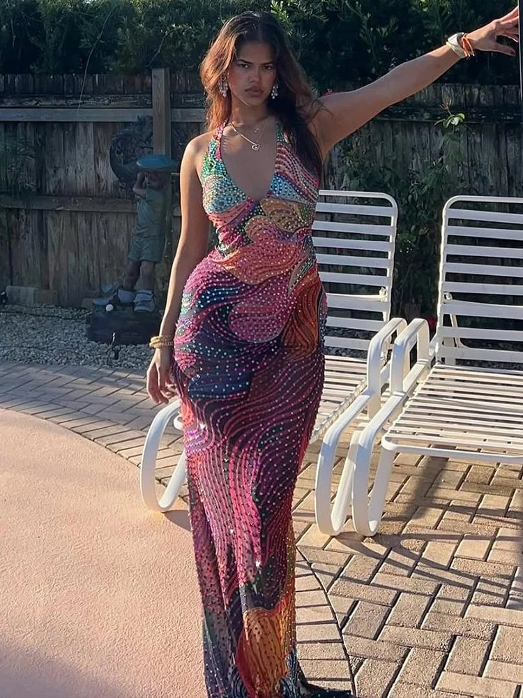 Aria Sunset Swirl Halter Mesh Maxi Dress