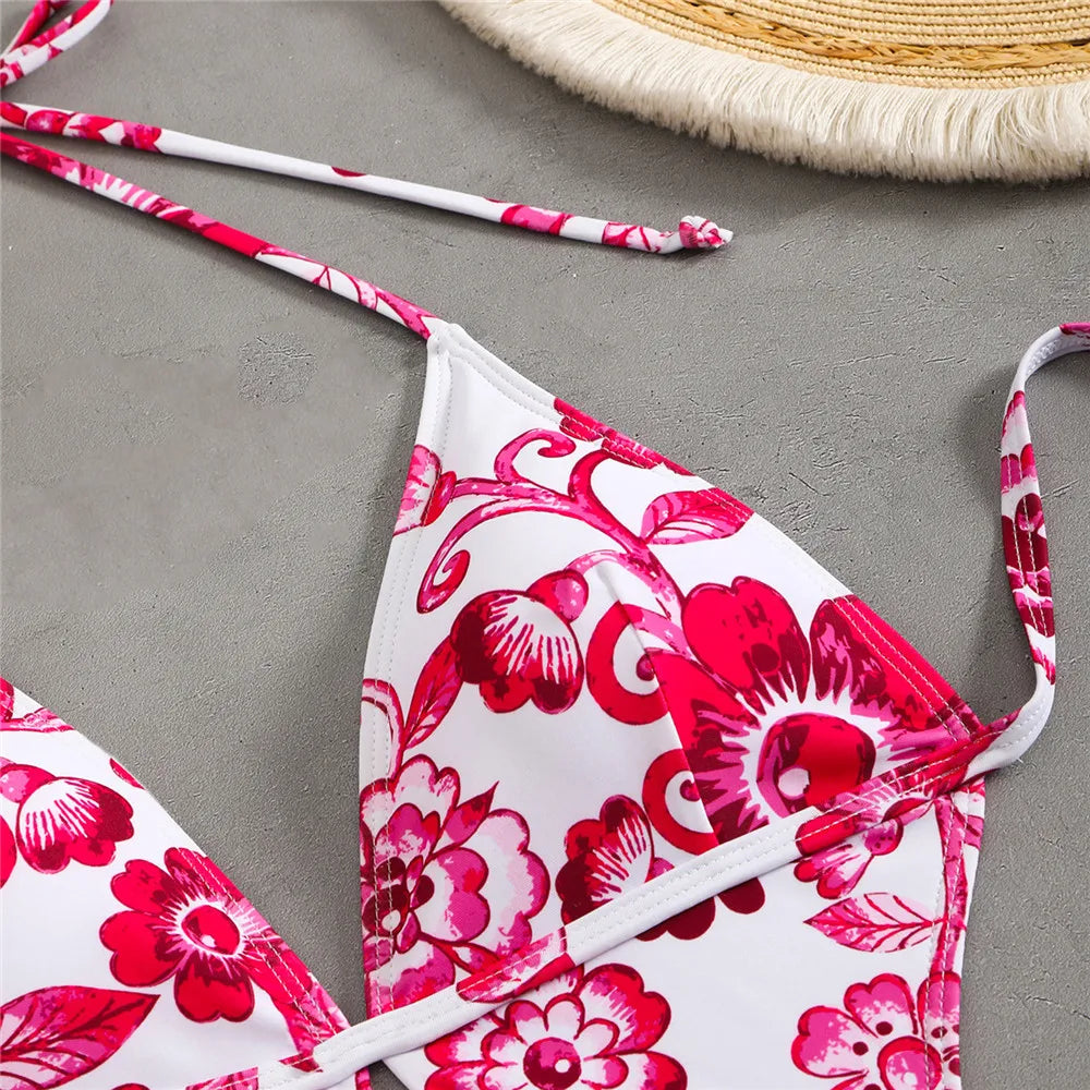 Ingrith Vintage Floral String Halter Cutout Backless One-Piece Swimsuit