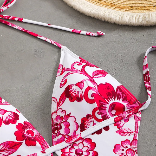 Ingrith Vintage Floral String Halter Cutout Backless One-Piece Swimsuit
