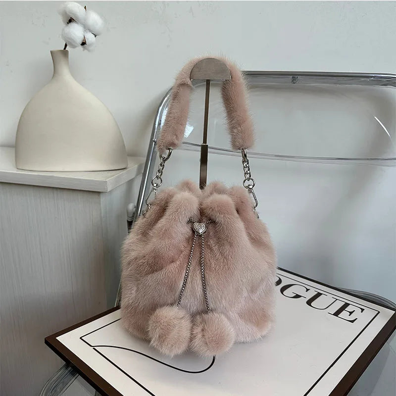 Y2K Bag Real Mink Bags Plush Handbag Fashion Designer High-End Luxury Tote Bag Puffy Bag Solid Soft Mink Shuolder Bag