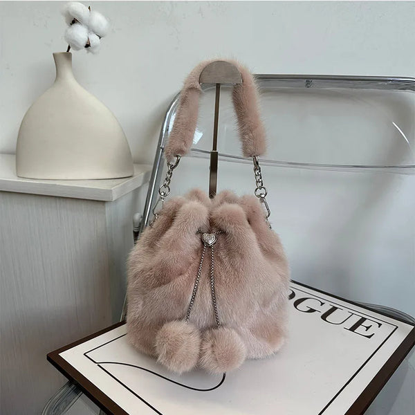Y2K Bag Real Mink Bags Plush Handbag Fashion Designer High-End Luxury Tote Bag Puffy Bag Solid Soft Mink Shuolder Bag