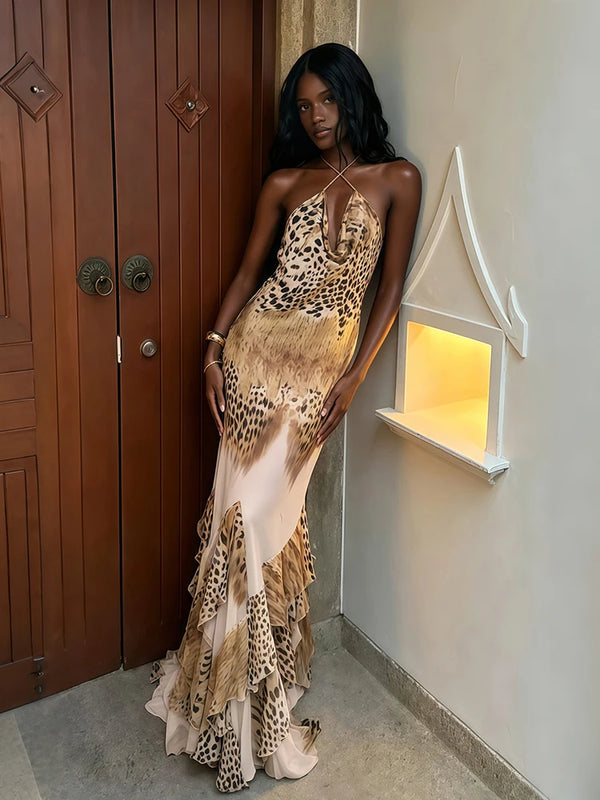 Savanna Leopard Lace-Up Halter Maxi Dress