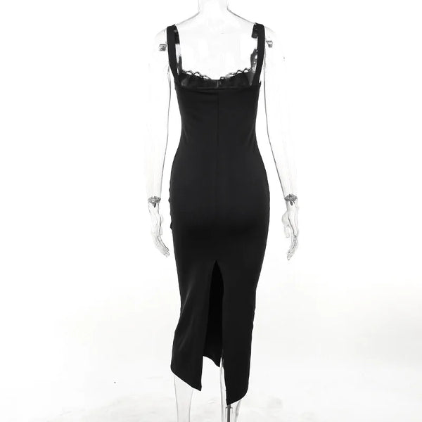 Noire Lace-Trim Tie-Front Midi Dress