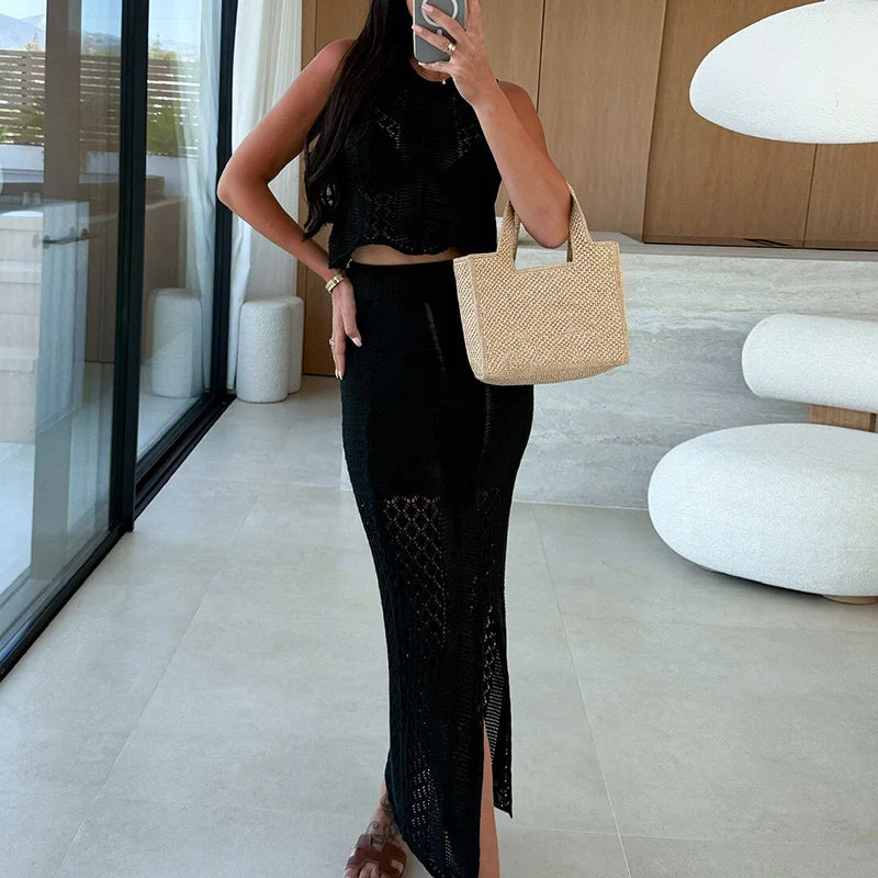 Corisande Pointelle Knit Tank Top & Split Maxi Skirt Two-piece