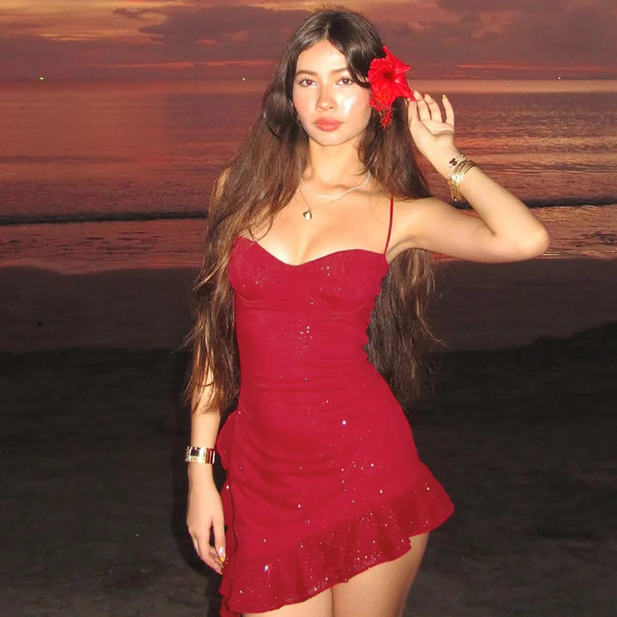 Scarlet Sequin Ruffle Cami Mini Dress