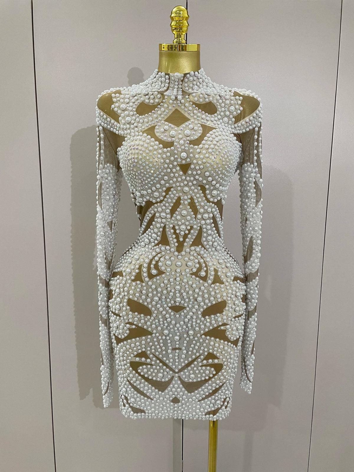 Alessia Pearl Rhinestone Mesh Long-Sleeve Mini Dress Main image