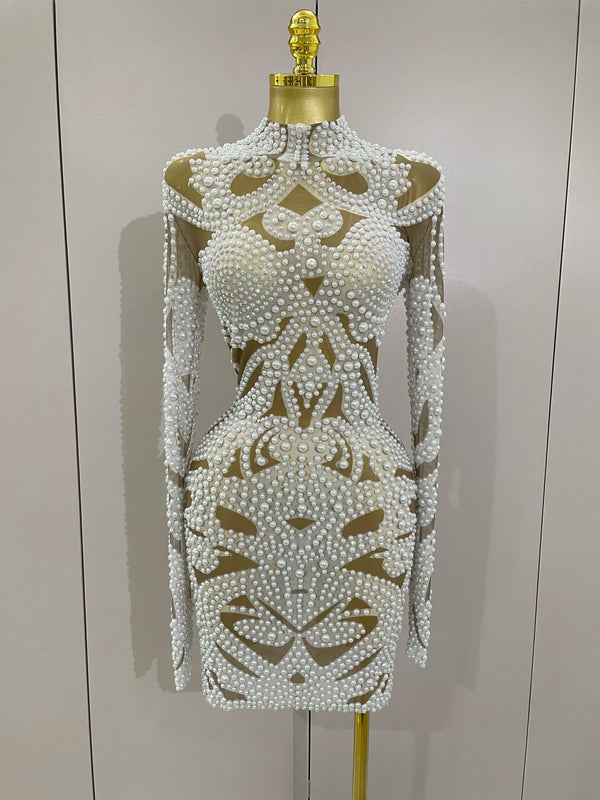 Alessia Pearl Rhinestone Mesh Long-Sleeve Mini Dress