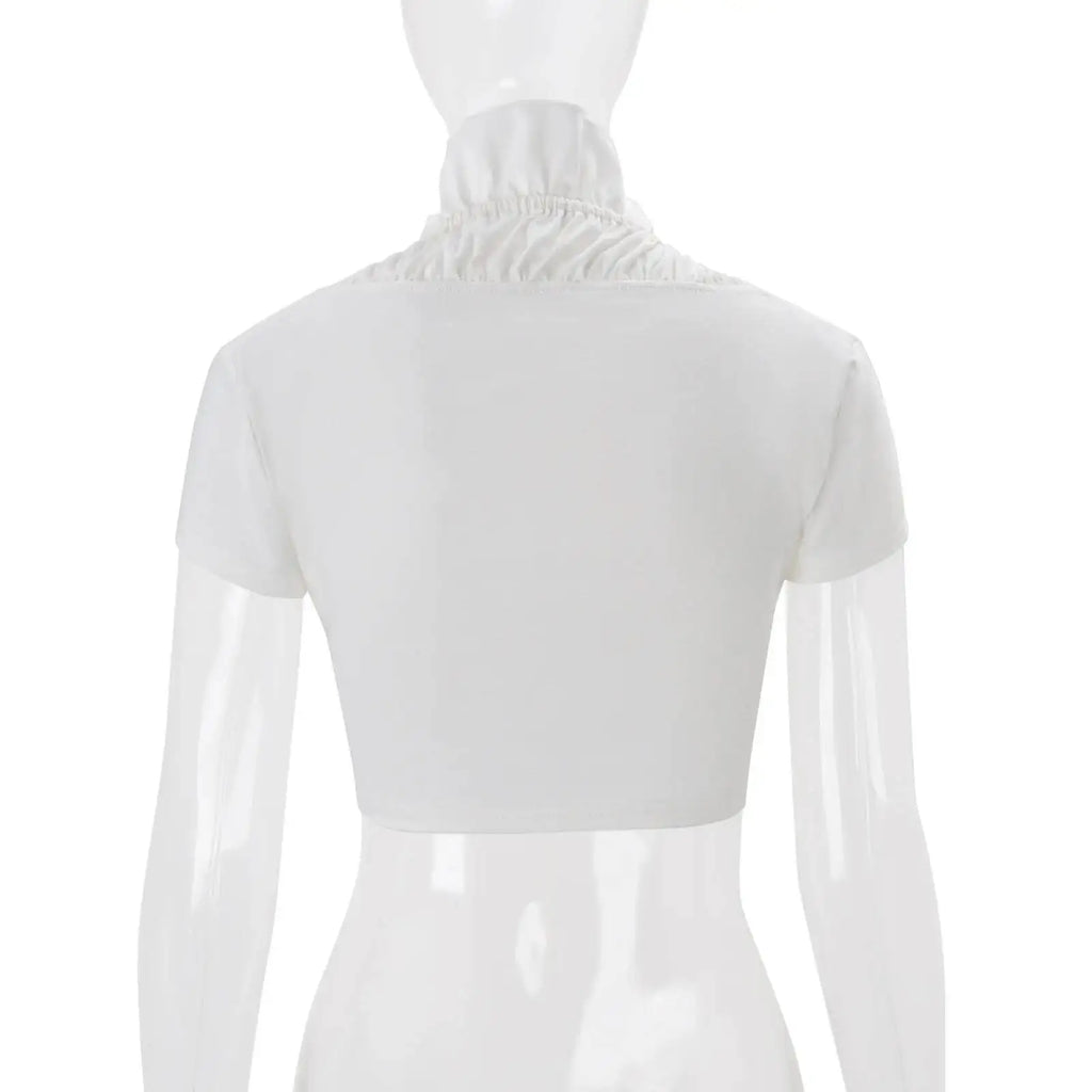 JULISSA MO Sexy Deep V-neck Ruffles Women Crop Top White Short Sleeve Lace Up Ruched Tops Female Summer Skinny Casual Streetwear
