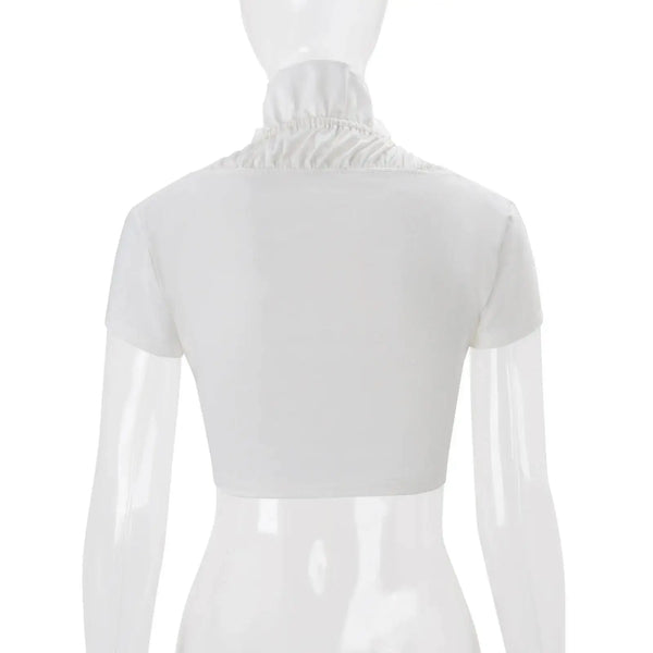 JULISSA MO Sexy Deep V-neck Ruffles Women Crop Top White Short Sleeve Lace Up Ruched Tops Female Summer Skinny Casual Streetwear