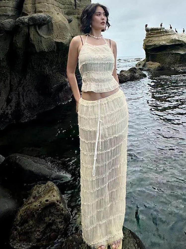 Daria Mesh Ruched Halter Maxi Skirt Set Two-piece