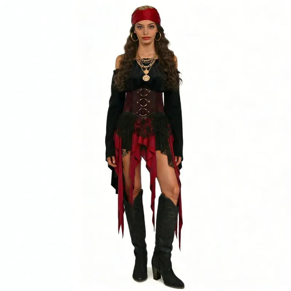 Isadora Pirate Costume Separates: Off-Shoulder Top, Tattered Skirt & Accessories