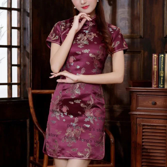Meilin Multi-Style Dragon and Floral Qipao Mini Dress