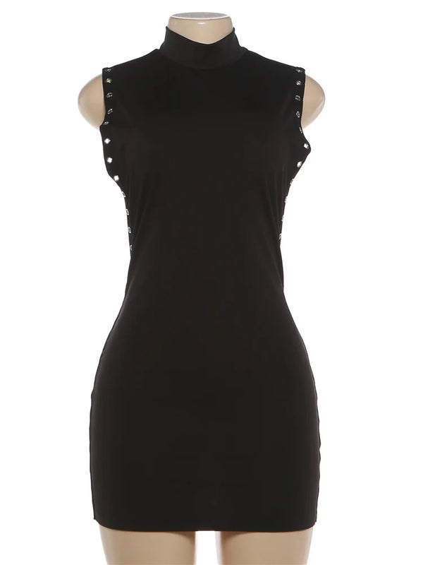 Nibber Peach Hip Mini Dress Woman o-Neck Sleeveless Side Hollow Design Metal Rings Decoration Skinny Midnight Club Party Bodycon
