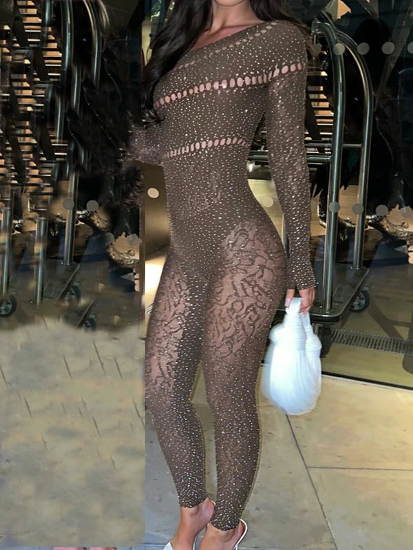 Domenica Rhinestone Hollow-Out Long-Sleeve Bodycon Jumpsuit One-piece