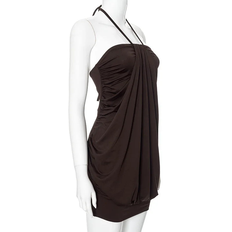 Fallon Brown Ruched Halter Bodycon Mini Dress
