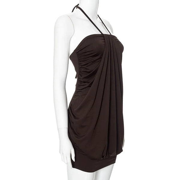Fallon Brown Ruched Halter Bodycon Mini Dress