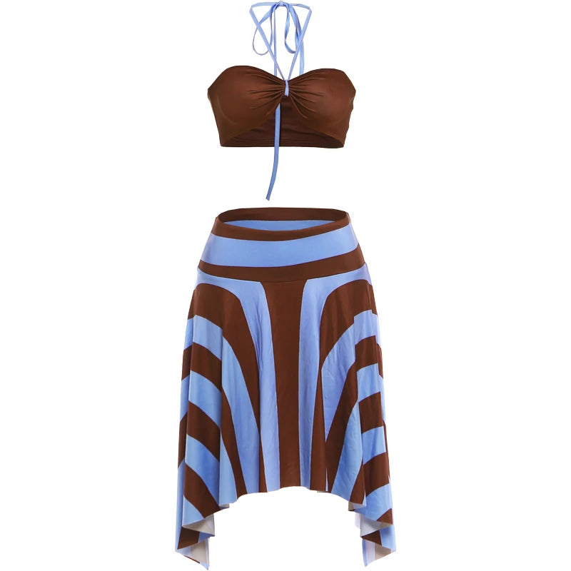Kliou Beach Sexy Style 3 Piece Set Woman Halter Rope+Wrap Chest Tops+Stripe Patchwork Mid Skirts Summer Holiday Fashion Outfits