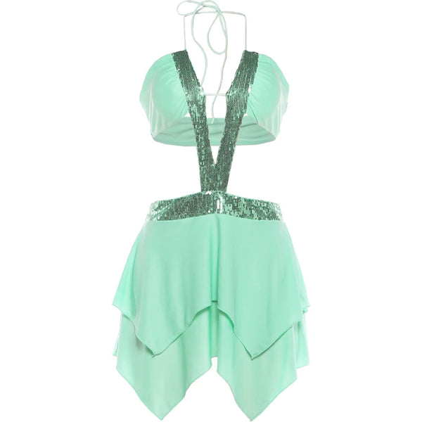 Estelle Sequin Halter Asymmetric Mini Dress