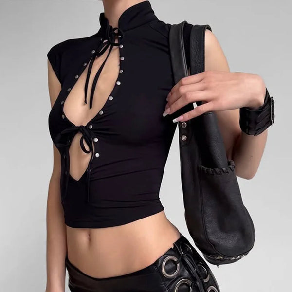 Huhugirl Fashion 2026 New T-Shirts Tees Tops Hollow Out Solid Slim Sleeveless Half High Collar Party Dark Club Street Style Chic