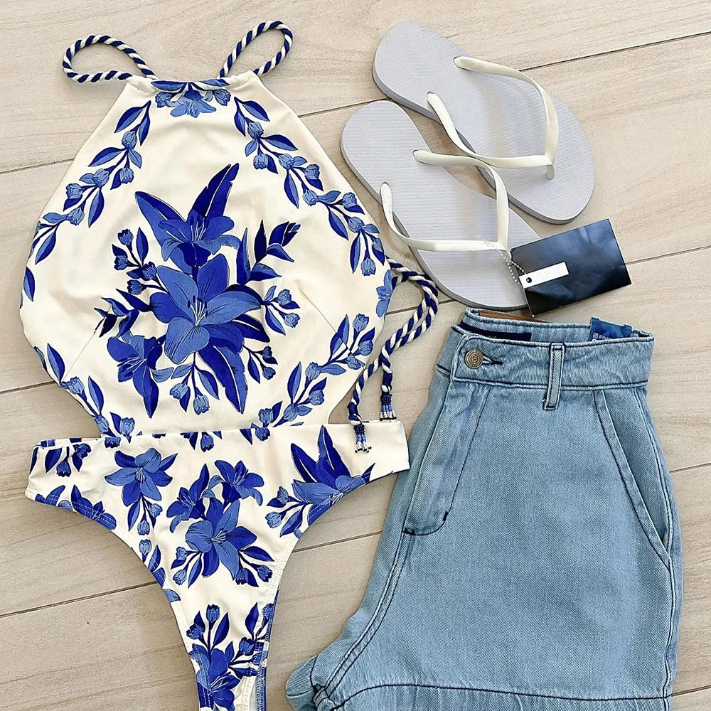 One Piece Swimsuit For Women 2024 New Vintage Retro Swimwear Print Swimsuit Halter Beachwear Sexy Monokini Female Bathing Suit